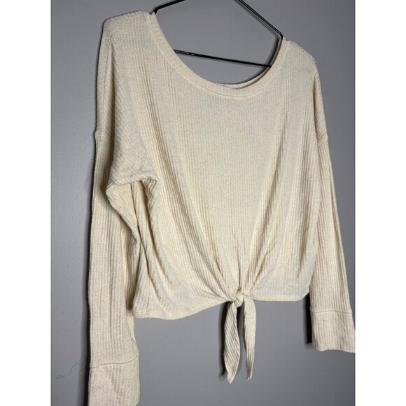 Abercrombie & Fitch Womens XS Oversized Ribbed Knit Tie-Front Cream Crop Top - Picture 2 of 9